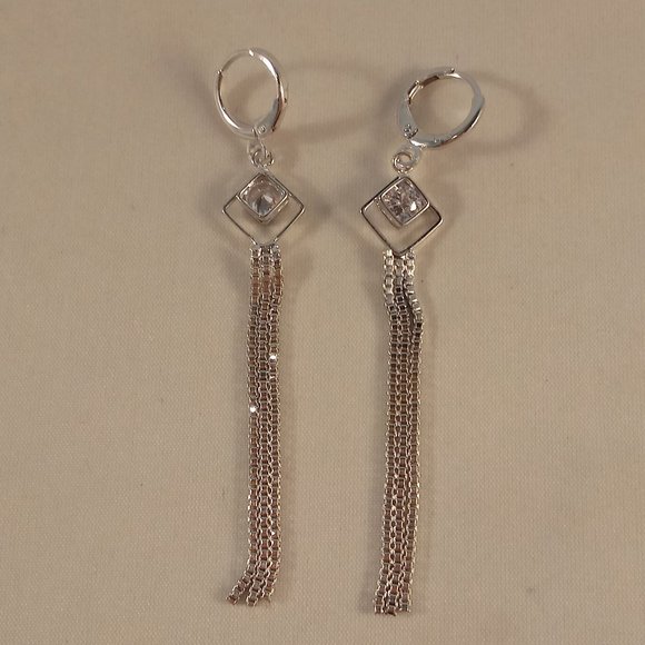 18K White Gold Filled Diamond Zircon Rhombus Tassel Dangle Earrings .46ctw each - Picture 2 of 4